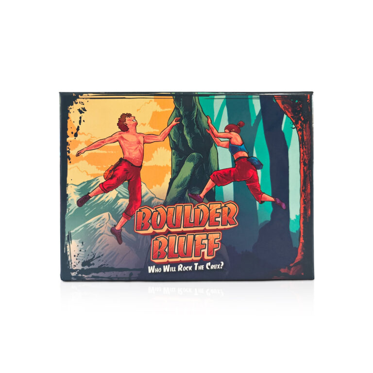 Boulder Bluff card game box with climbing artwork