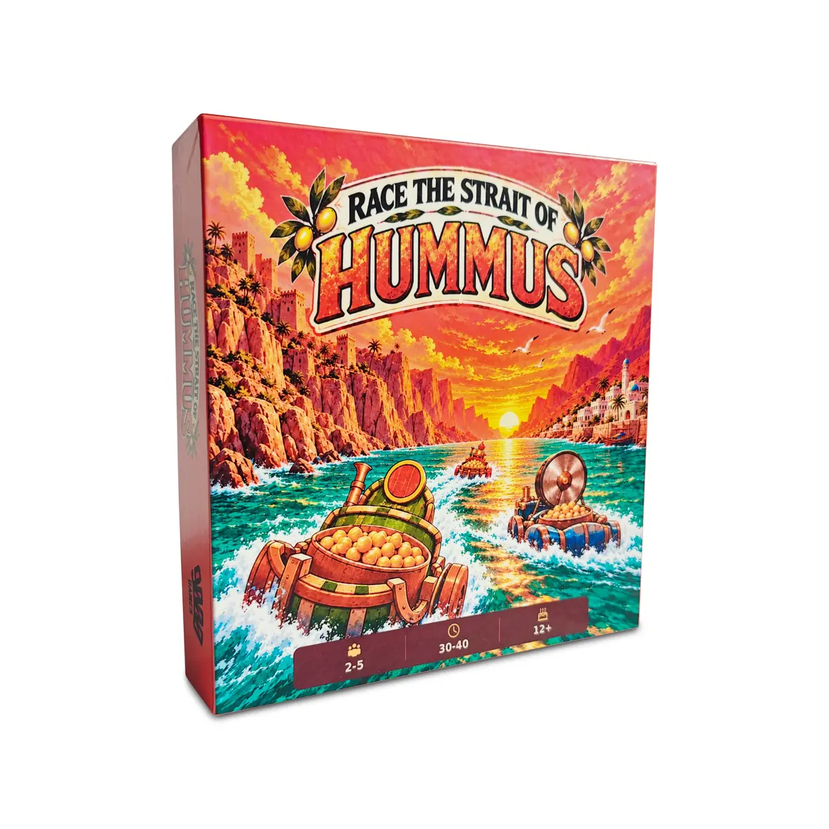 Race the Strait of Hummus prototype game box